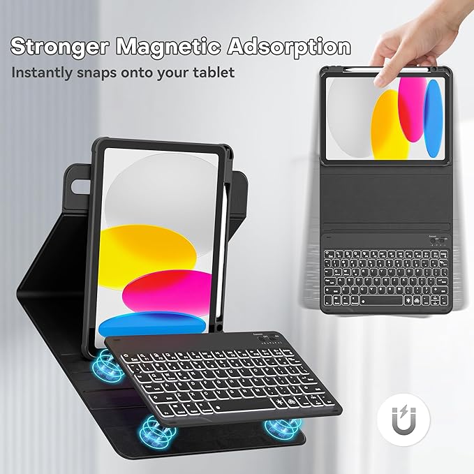 YBING for iPad A16 Case with Keyboard 11th &10th Generation, 360 Rotation Magnetic Cover with 7-Color Backlit Wireless Detachable Keypad with Pencil Holder for iPad 11th 2025/10 Gen 10.9" 2022 (Black)