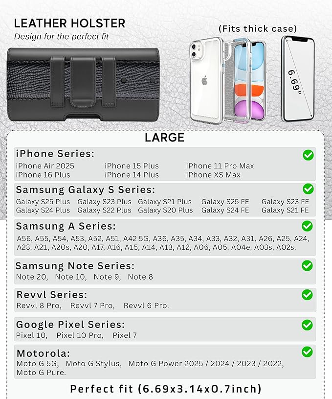 Leather Phone Holster for Men & Women, Horizontal Cell Phone Case - Fits iPhone Air 2025, 16/15/14 Plus/11 Pro Max, XS Max, Belt Clip/Loop Carrying Phone Pouch Holder, Black Large.
