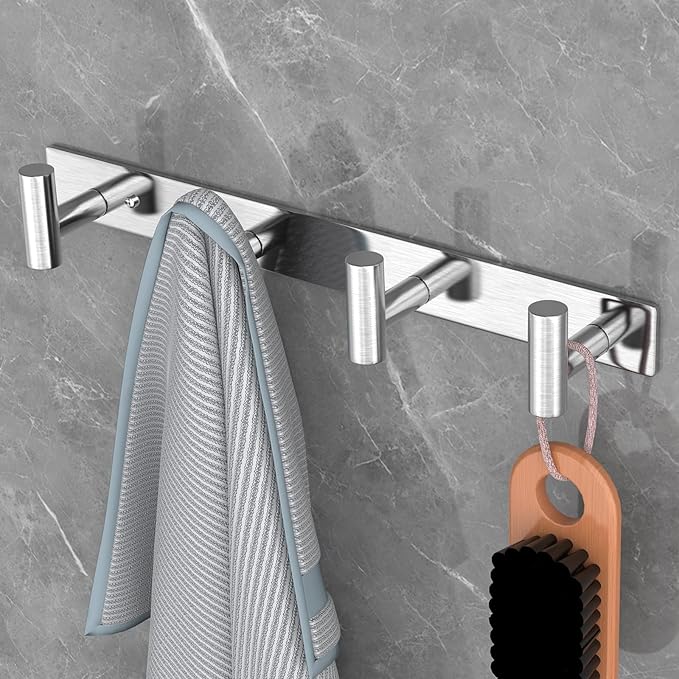 VAEHOLD 1PACK Hat and Coat Wall Mount Rack - 4 Hooks for Robes, Bags, Keys, and Towels - Bathroom Towel Hanger Organizer -Silvery