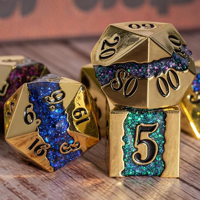 Metal DND Dice Set,Mica Glitter Stripe Dice Set with Gift Box,Metallic 7pcs Polyhedral Dice Set for RPG