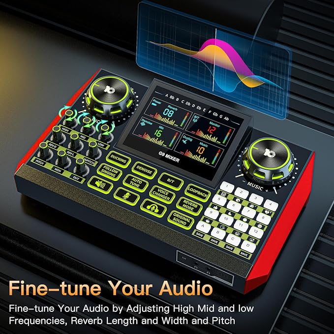 Audio mixer, suitable for live streaming, singing, and gaming on computers/phones; podcast mixer with real-time sound card, noise reduction function, and one-click mute function