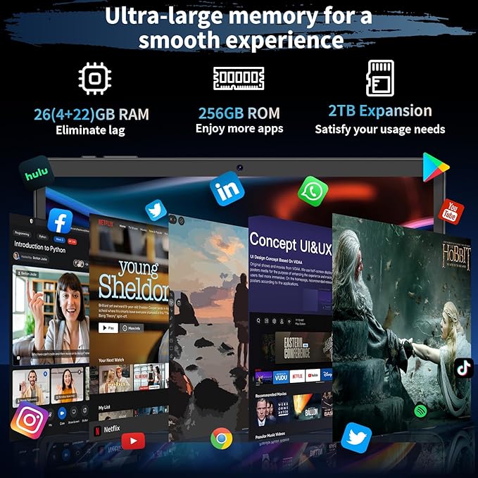 Android 15 Tablet, 26GB + 256GB (2TB Expandable), 10.1-inch Tablet with Keyboard, 8000 mAh Battery, BT 5.0, 5G WiFi, Widevine L1, 2-in-1 Tab with Mouse, Protective Case，Stylus (Black)