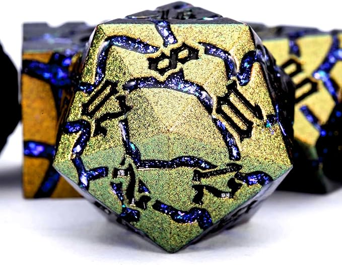 Dice Set D&D Metal,DND Metallic Glitter Crack Dice with Gift Box for RPG Board Games (Greenish Yellow Color + Purple)
