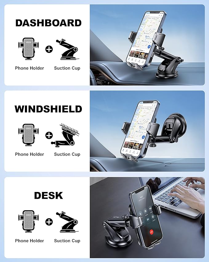 Universal Car Phone Holder for Dashboard Windshield, Hands Free Phone Mount for Car, Automobile Cradles Desk Phone Holder Stand with Suction Cup for iPhone, Samsung, LG and All Android Smart Phones