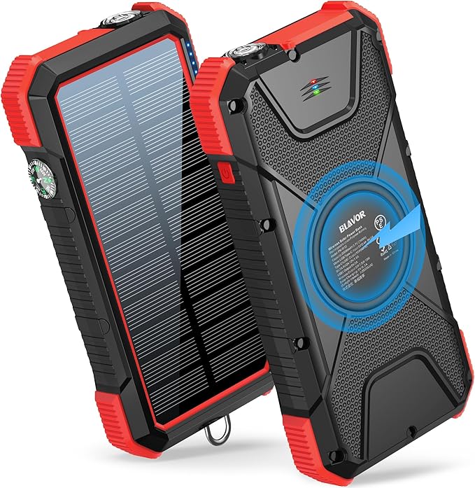 BLAVOR Solar Power Bank, PD18W QC3.0 Fast Charging 10W Wireless Charger 20000mAh Solar Powered Powerbank with Type C Input/Output, IPX5 Waterproof, Camping Flashlight, Compass, Carabiner
