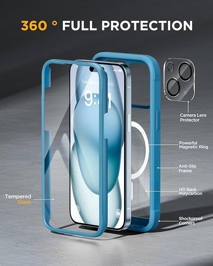 Miracase Glass Series for iPhone 15 Case [Compatible with MagSafe] Full-Body Magnetic Bumper Case with Built-in 9H Tempered Glass Anti-Fingerprint Screen Protector + Camera Lens Protector, Sea Blue