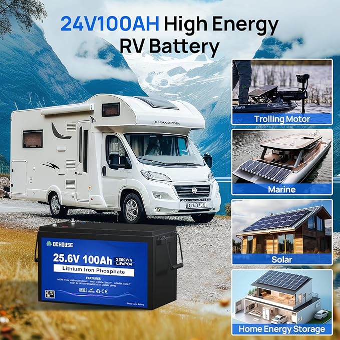 DC HOUSE 24V 100Ah LiFePO4 Lithium Battey, Low Temp Cut-Off BMS, Up to 15000 Cycles, Perfect for Trolling Motors, Marine, Boat, RV, Camper, Home Energy Storage