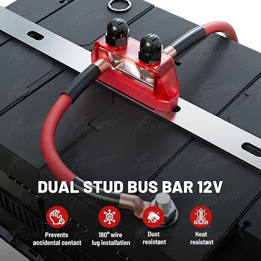 RED WOLF 2PCs 3/8" M10 Small Dual Stud Bus Bar 12-48 V Power Distribution Block Holder 150A DC MAX, Battery Terminal Junction Dual Power Stud Busbar for Car Marine Boat Red & Black Set w/Screws
