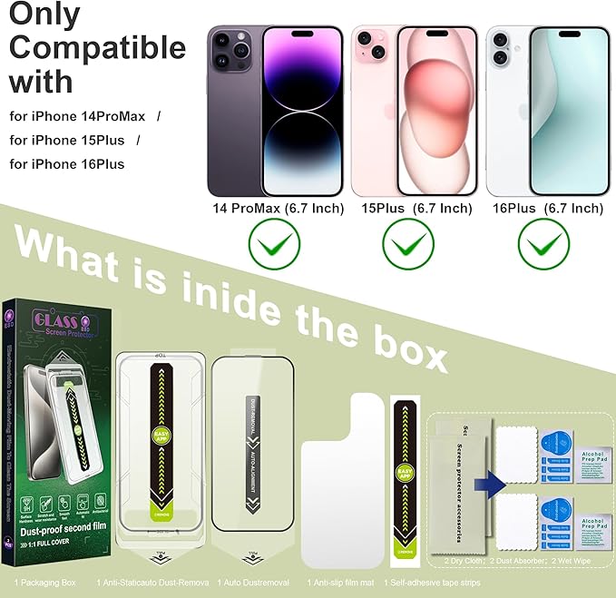 [2-Pack Ultra HD Clear Screen Protector for iPhone 14 Pro Max/15 Plus/16 Plus (6.7-Inch),9H Tempered Glass,Full Coverage,Anti-Fingerprint,Auto Dust Removal,Bubble-Free,Easy Installation