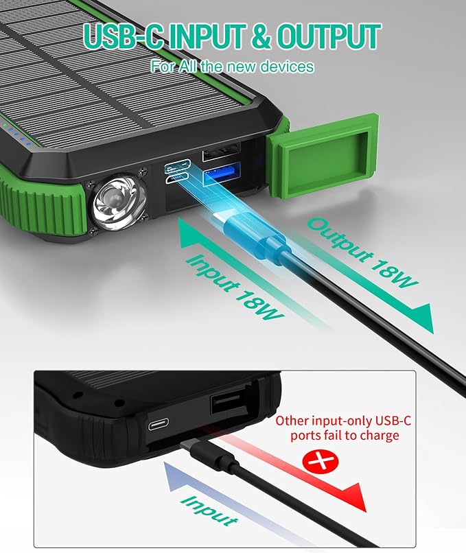 BLAVOR Solar Power Bank, PD18W QC3.0 Fast Charging 10W Wireless Charger 20000mAh Solar Powered Powerbank with Type C Input/Output, IPX5 Waterproof, Camping Flashlight, Compass, Carabiner