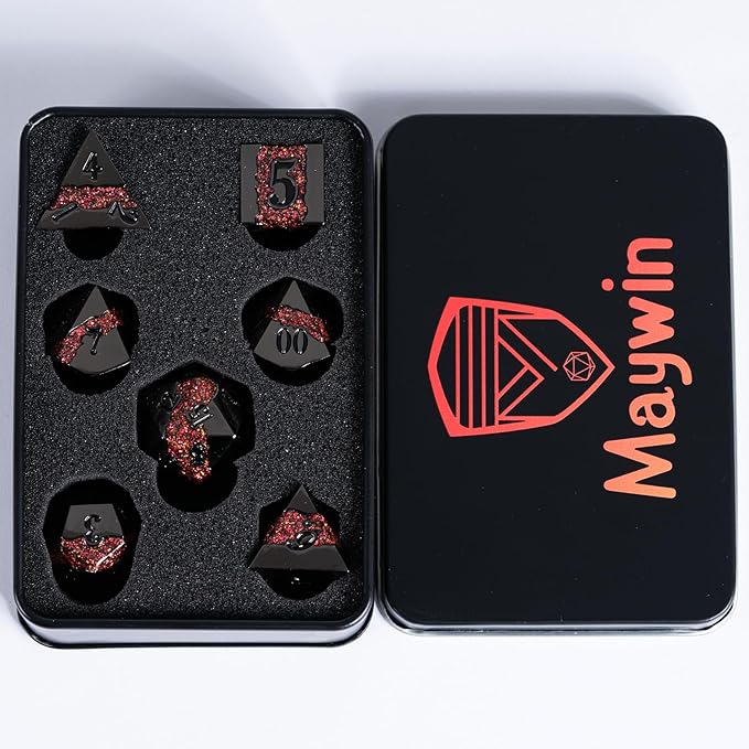 Metal DND Polyhedral Dice,Large Stripe Glitter Metallic Dice Set,Antique Silver Dice 7pcs Set for Role Playing Games(Black Nickel Red)