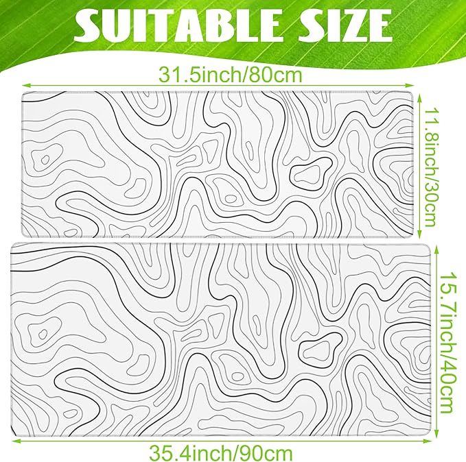 Desk Mat,White Topographic Contour Map Desk Pad,Topographic Contour Large Gaming Mouse Pad for Desk,Extended Big Computer Keyboard Mouse Pad with Non-Slip Base and Stitched Edge,31.5"x11.8"