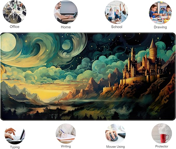Cool Aesthetic Castle Mouse Pad Desk Pad Cute Cloudy and Starry Desk Mat, Office Desk Decor Anime Mousepad Laptop Keyboard and Mouse Mat, XXL Large Extended Gaming Deskmat for Girl 31.5x15.75 in