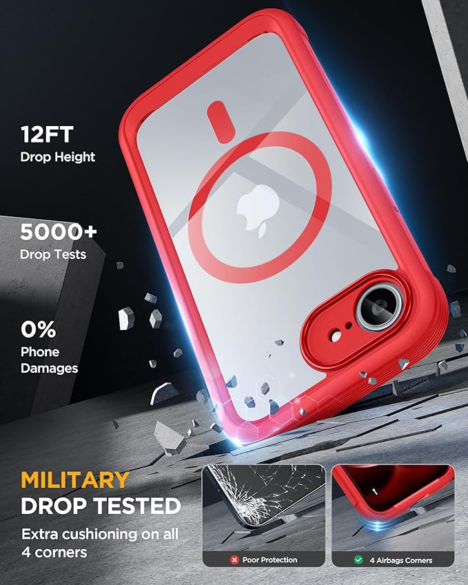 Miracase Magnetic for iPhone 16e Case Full-Body Phone with Built-in Glass Screen Protector, [Compatible with MagSafe] Military Drop Proof 16E Cover Bumper 6.1 inch, Red