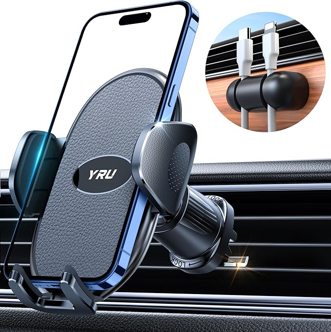 YRU Car Phone Holder [2025 Upgraded Metal Hook Clip], Phone Holders for Your Car [No Fear of Bumps] Air Vent Cellphone Mount Widely Compatible with iPhone16 15 14 13 12 Samsung Android, Grey
