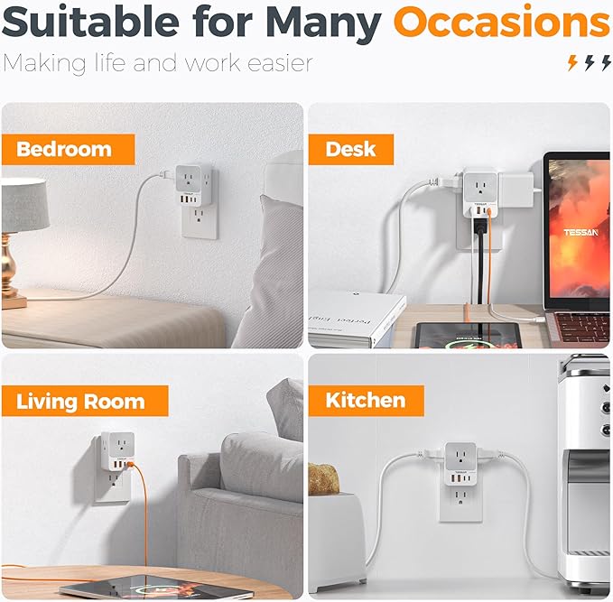 USB C Charger Block 20W PD, TESSAN 4 USB Wall Charger Fast Charging with 3 Outlet Extender Surge Protector, 3 Side Multi Port Adapter, Electric Multiple Outlet Plug for Home Office Dorm Room