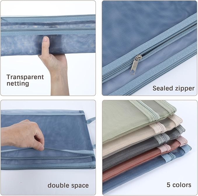 10 Pack Colored Mesh Zipper Pouch Bags, Double-Layer Nylon Puzzle Building Block Sets Toy Storage & Organization, Breathable See Through A4 Zipper Pouch with Handle for School Office Games