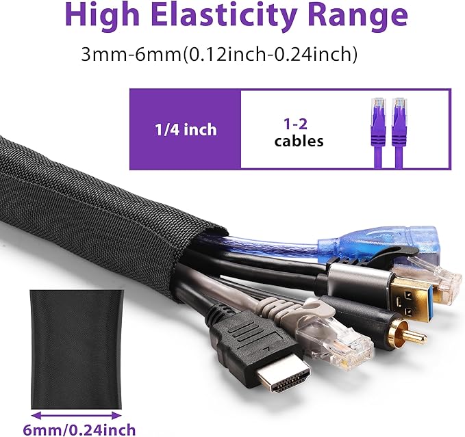 Cable Management Sleeve YCLYC 8.2ft - 1/4inch, Cable Wrap Cord Covers for Pets, Easy Install Cable Sleeves Cord Management, Flexible Computer Cord Organizer for Cords, Black Cable Covers