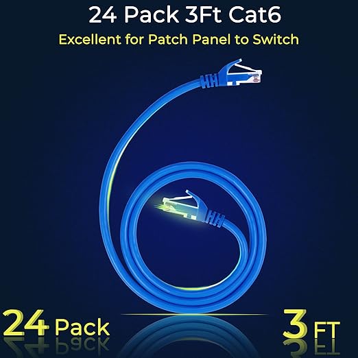 Rapink Patch Cables Cat6 3ft (24 Pack), Ethernet Patch Cable 10G Support, Cat 6 Patch Cable for Patch Panel to Switch, Flexiable Cat 6 Ethernet Cable with Gold Plated Blue