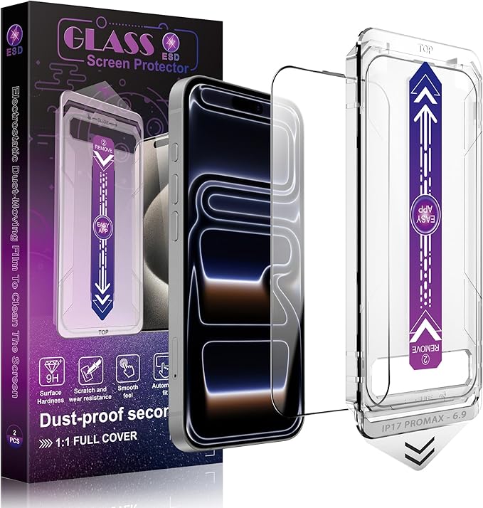 Screen Protector for iPhone 17 Pro Max 6.9-Inch, 2 Pack, 9H Tempered Glass, HD Clear, Full Cover, Anti-Fingerprint, Easy Installation