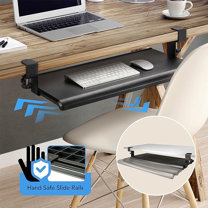 EHO Clamp-On Retractable Adjustable Keyboard Tray, Under Desk Ergonomic Keyboard Tray - Easy Tool-Free Install - Large Surface 27.5" (31.8" Including Clamps) x 12.5" Home & Office