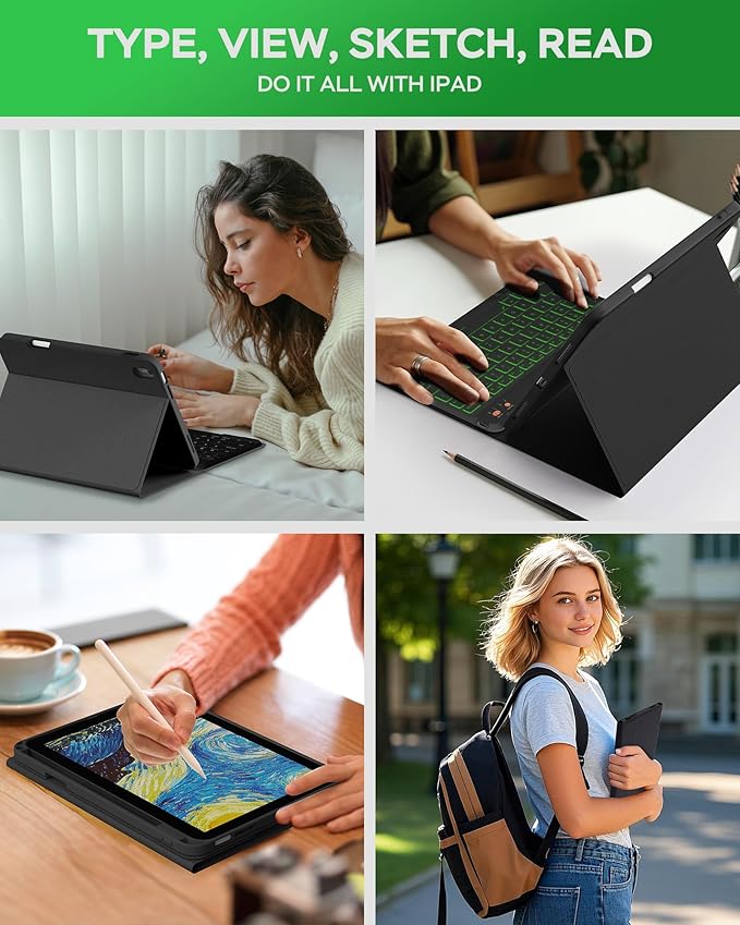Folio Keyboard Case for iPad 10th Gen 10.9 inch (2022) and iPad 11th (A16, 2025), Magnetic Wireless Detachable Keyboard, 7-Color Backlight, Thin & Light, Pencil Holder (Black)