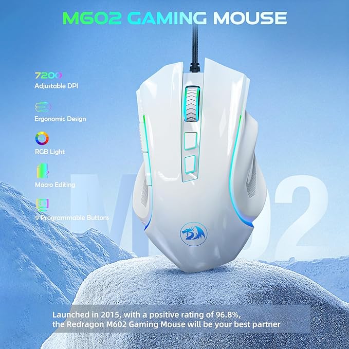 Redragon M602 Gaming Mouse, Ergonomic RGB Gaming Mouse Wired with 7200 Adjustable DPI, 9 Programmable Buttons, Professional Software for Gamer Office [White]