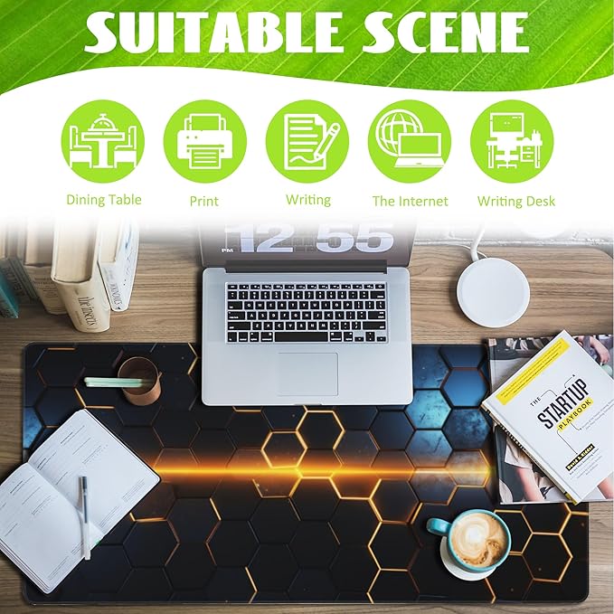 Large Gaming Mouse Pad,Golden Lines Honeycomb Technology Desk Mat,Honeycomb Technology Desk Pad,Extended Computer Keyboard Mouse Pad with Non-Slip Base and Stitched Edge,35.4"x15.7"