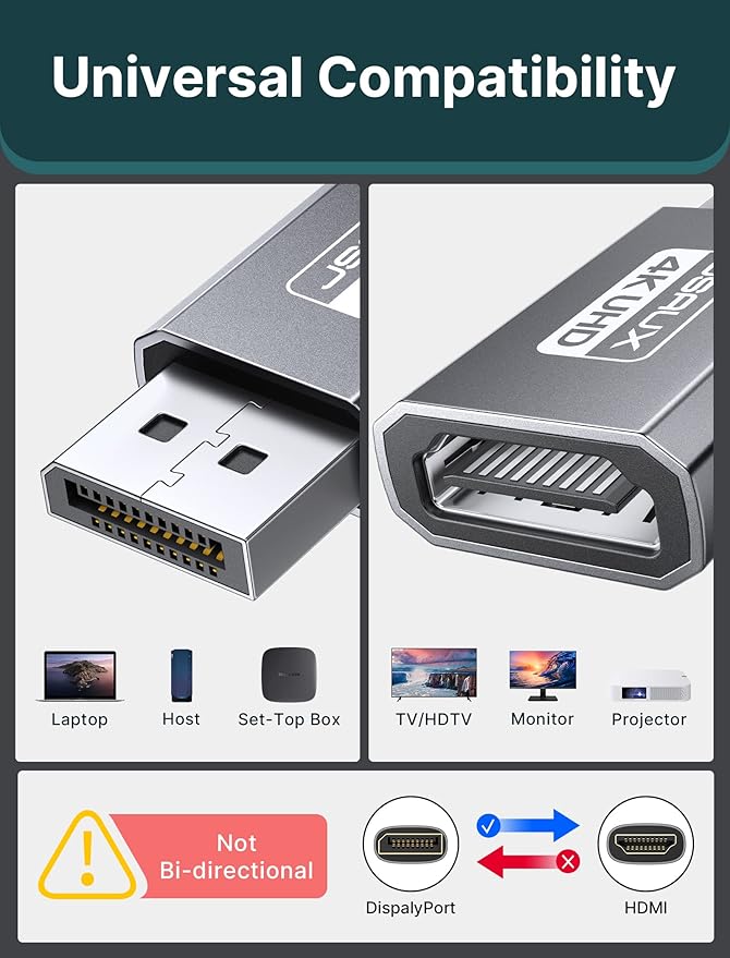 JSAUX 4K DisplayPort to HDMI Adapter 2-Pack, DP PC to HDMI Monitor Converter Video UHD 2K@120Hz,4K@30 DP to HDTV Male to Female Uni-Directional Adapter Compatible with Dell, Lenovo, HP,GPU, AMD -Grey