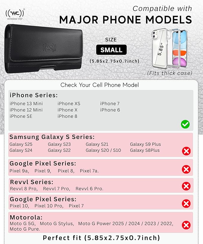 Leather Phone Holster for Men & Women, Horizontal Cell Phone Case with ID/Card Holder, Fits iPhone 13/12 Mini, SE, Xs/X, 8, 6s - Belt Clip/Loop Carrying Phone Pouch – Small Size