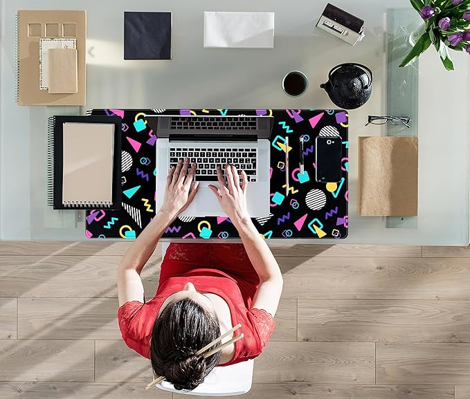 Retro 80s Desk Mat, Cute 90s XXL Large Gaming Mouse Pad, Black Boho Desk Pad with Stitched Edges, Computer Laptop Keyboard and Mouse Mat, Aesthetic Office Decor Non-Slip Mosuepad, 31.5x15.75 in
