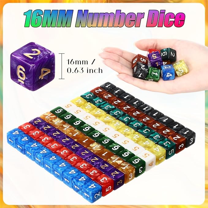 Poen 100 Pcs 16mm Dice Set Bulk, 6 Sided Standard Colored Dices with Numbers, D6 Polyhedral Games Dice for Board Games, Parties (Classic Color)