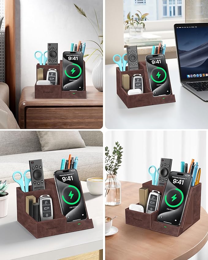 Wireless Charger with Desk Organizer, Pen Pencil Holder, Multifunctional Desktop Organizer, Office Supplies and Desk Accessories Organizer with 3 Compartments and 1 Phone Stand, Dark Brown