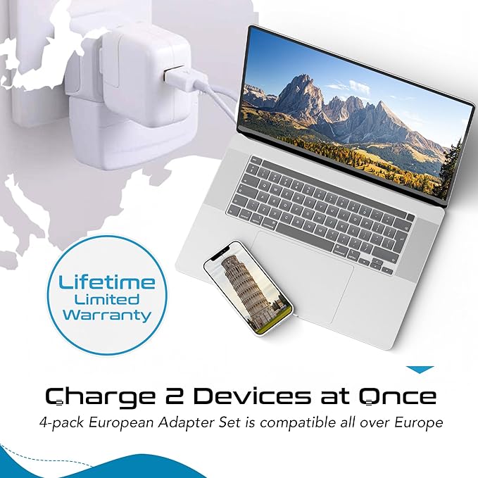 Ceptics European Plug Adapter 4 Pack Set, USA to Europe, Italy, Germany, England, Spain, Italy, Iceland, France (Type C, E/F, G, L) - for Your Cell Phones, Tablets, iPhone, Camera (CT-EU-4SET)