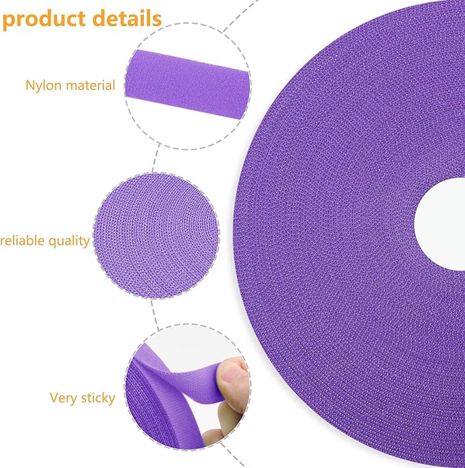 Reusable Fastening Tape Cable Ties 3/4 Inch Double Side Hook Roll (25 Yard, Purple)