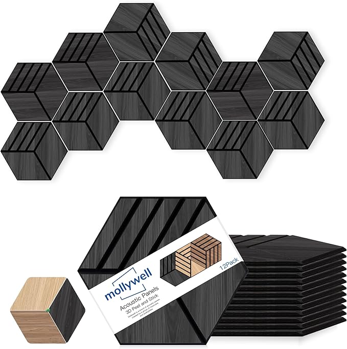 Mollywell Hexagon Acoustic Panels, Black Oak S4, 14x12x0.4 Inch, 12 Pack |Wood Veneer|High Density Sound Proofing Wall Panels|Self Adhesive Sound Dampening Felt Wall Tiles|Home Theater|Gaming Room|