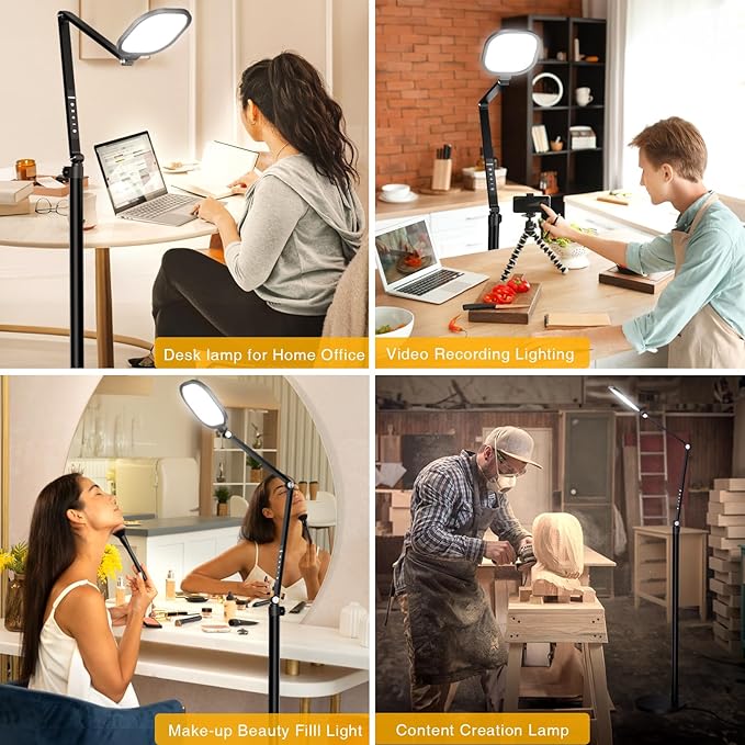Ring Light with Stand, 15W Dimmable Zoom Lighting for Computer, Home Office, Reading, Video Calls, 66 Inches Floor Lamp with Flexible Swing Arm, AC Plug, Remote, Memory & Timer CRI >95
