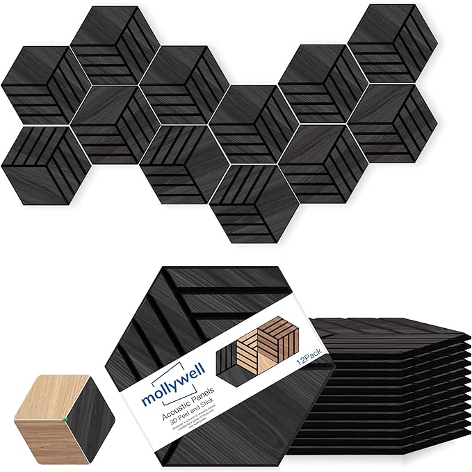 Mollywell Hexagon Acoustic Panels, Black Oak TW4, 14x12x0.4 Inch, 12 Pack |Wood Veneer|High Density Sound Proofing Wall Panels|Self Adhesive Sound Dampening Felt Wall Tiles|Home Theater|Gaming Room|