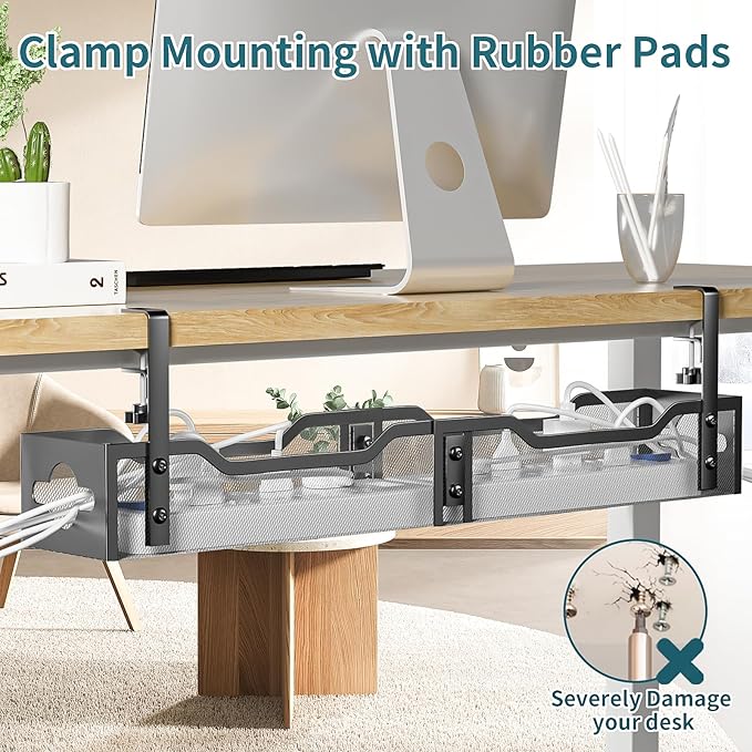 Under Desk Cable Management Tray Black, Litwaro Cable Management Under Desk No Drill, 25'' Cable Tray with Clamp for Wire Management, Cord Organizer for Office, Home - No Damage to Table