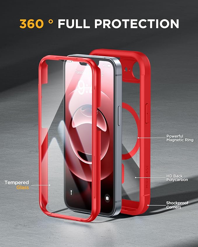 Miracase Magnetic for iPhone 16e Case Full-Body Phone with Built-in Glass Screen Protector, [Compatible with MagSafe] Military Drop Proof 16E Cover Bumper 6.1 inch, Red