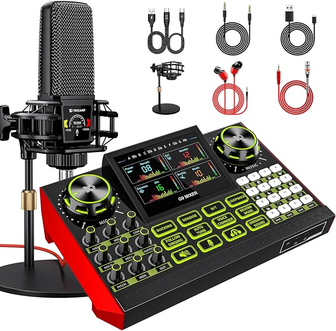 Podcast equipment bundle with live sound card audio mixer, podcast equipment with 3.5mm microphone, soundboard for phone, computer, live streaming, singing, recording, and content creation.