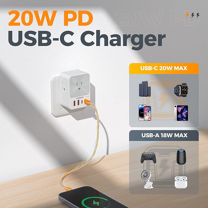 USB C Charger Block 20W PD, TESSAN 4 USB Wall Charger Fast Charging with 3 Outlet Extender Surge Protector, 3 Side Multi Port Adapter, Electric Multiple Outlet Plug for Home Office Dorm Room