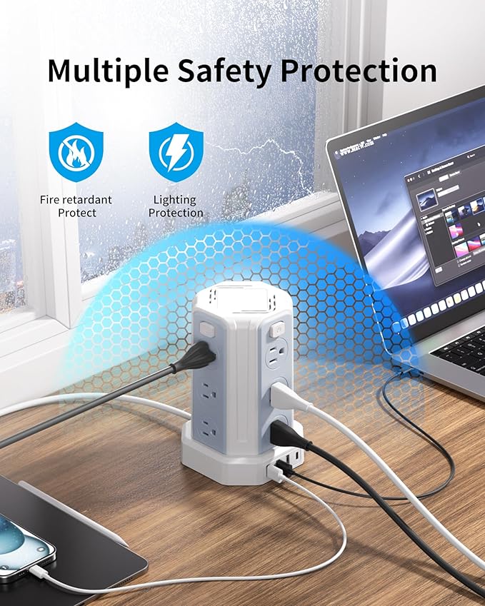Power Strip Surge Protector, 10 Ft Extension Cord with 12 AC Multiple Outlets 4 USB (1 USB C), SMALLRT Power Tower Desktop Charging Station (White, 6.5 FT)