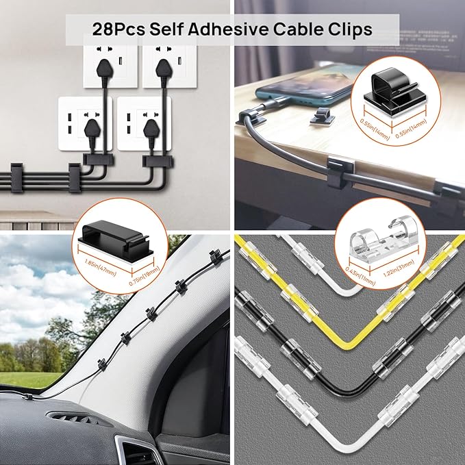 193 PCS Cable Management Kit - 4 Cable Sleeve, 57 Self Adhesive Cable Clips, 12 Hanging Strips, 12 Cable Organizer Straps and 100 Fastening Cable Ties for TV Computer Under Desk (Black)