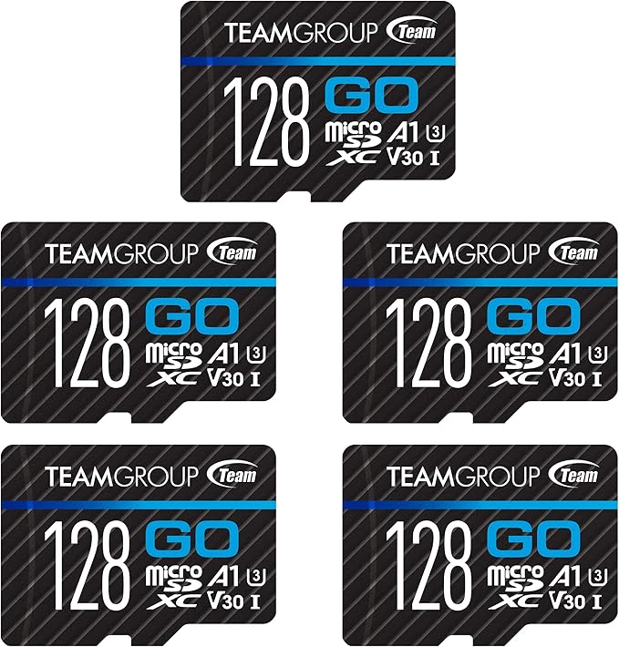 TEAMGROUP GO Card 128GB x 5 PACK Micro SDXC UHS-I U3 V30 4K for GoPro & Drone & Action Cameras High Speed Flash Memory Card with Adapter for Outdoor Sports, 4K Shooting, Nintendo-Switch TGUSDX128GU363