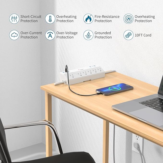40W Fast Charging Station, Desk Clamp Power Strip, JXGUCAT Removable Desk Clamp Mount Power Strip Surge Protector, 2 USB-C Ports, 6 AC Outlets and 10ft Cord, Fits 1.8" Tabletop Edge