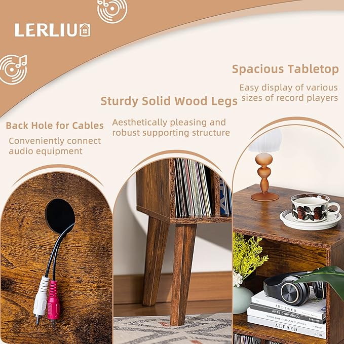 Lerliuo Record Player Stand, Brown Turntable Stand Holds up to 160 Albums, Mid-Century Vinyl Storage Cabinet Table with Solid Wood Legs, Record Player Holder Dispaly Shelf for Bedroom Living Room