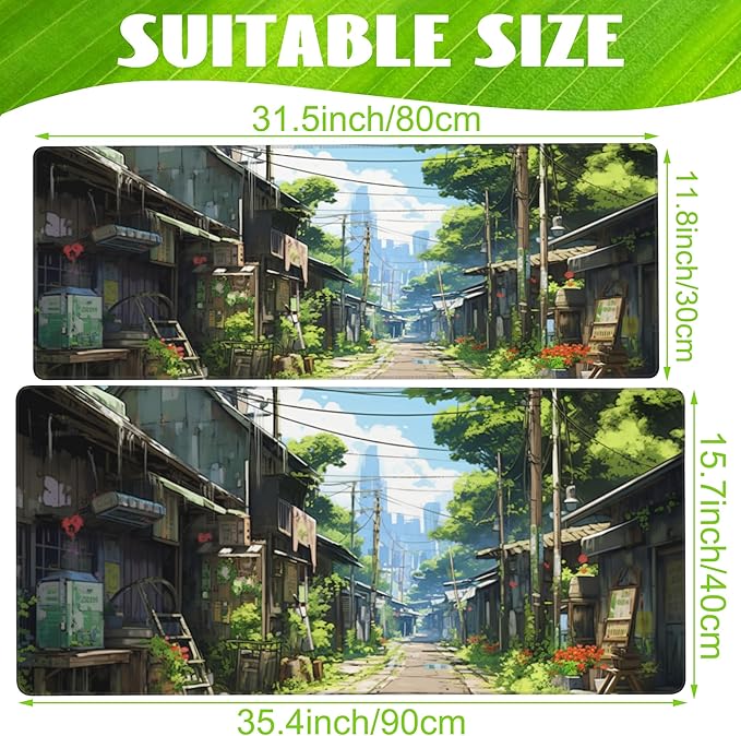 Anime Abandoned Town Desk Mat, Large Gaming Mouse Pad with Non-Slip Base and Stitched Edge, 35.4"x15.7"