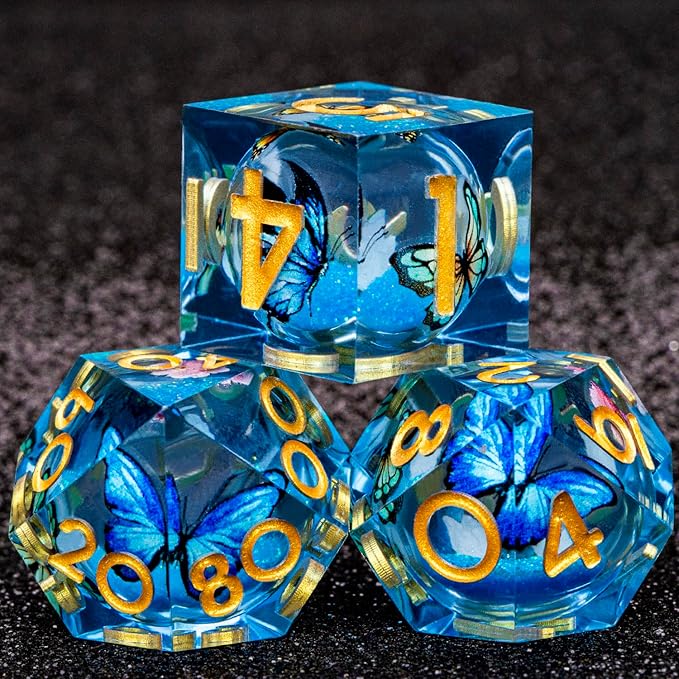 Butterfly DND Dice Blue Liquid Core Dice Set with Metal Box, Handmade Sharp Edge D and D Polyhedral Dice for use with D&D Role Playing Game, D20 D12 D10 D8 D6