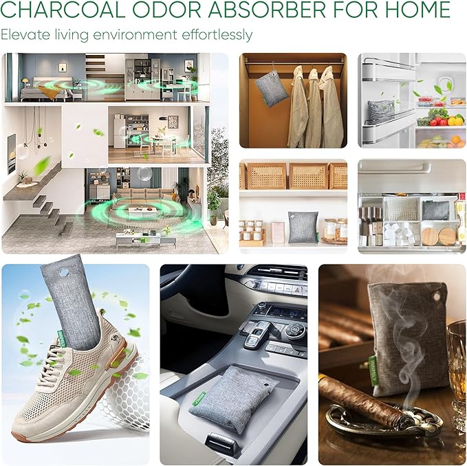 Activated Charcoal Odor Absorber, Odor Eliminator for Strong Odor,Bamboo Charcoal Air Purifying Bags for Home Car Closet Pet, Smoke Room Deodorizer (8 x 60g, Unscented)